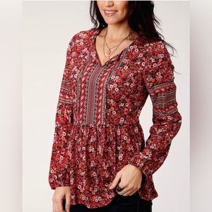 Roper Womens SZ Small Red Multicolored Floral Peasant Blouse Long Sleeve Top NEW